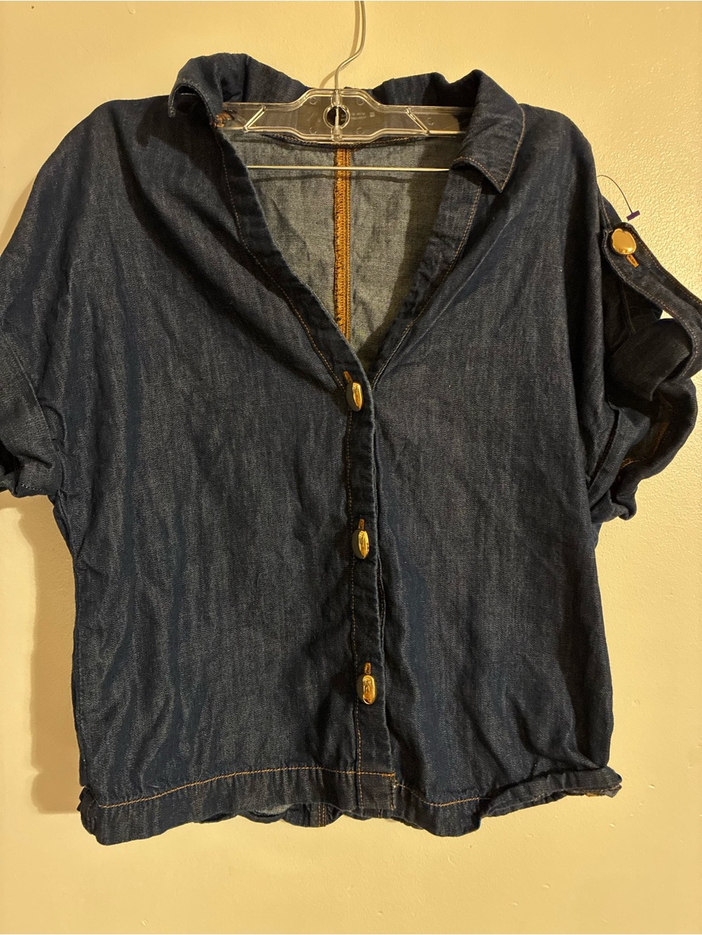Zara Women’s XS Chambray Denim Button Front Blouse Roll Tab Sleeve Blue Shirt
